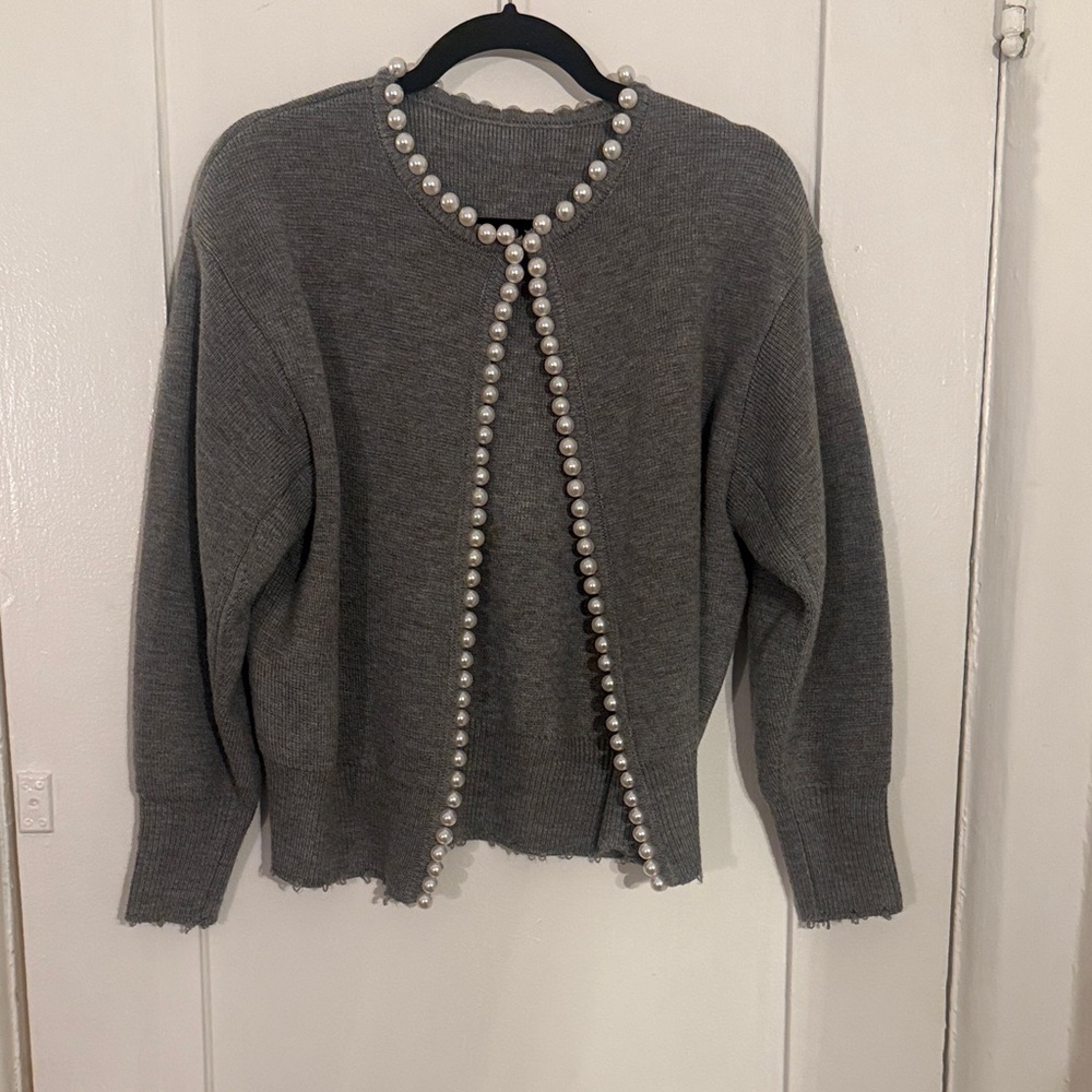 Commense Gray Pearl-Embellished Cardigan